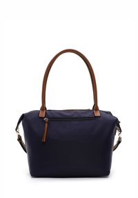 Navyblauwe nylon tas met bruin lederen handvatten, ritsluiting en een afneembare schouderband. Beschikt over een voorste ritsvak en een gladde textuur.