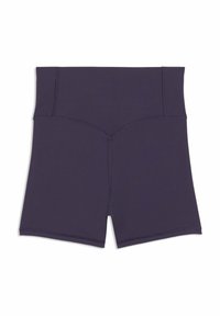 Ποδηλατικά σορτς σε σκούρο μοβ χρώμα, ψηλόμεσα και χωρίς ραφές, με ορατές ραφές και φαρδιά μέση, απλωμένα επίπεδα σε λευκό φόντο.