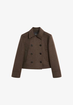 Brauner Woll-Peacoat mit einem doppelt geknöpften Design, vier schwarzen Knöpfen, schmalem Kragen und seitlichen Taschen, in cropped Länge und strukturiertem Stoff.