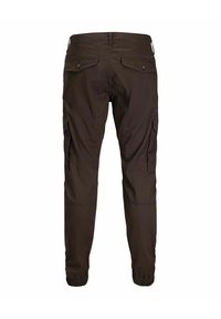 Pantaloni cargo marroni con polsini elastici, due tasche posteriori con bottoni e tasche laterali visti da dietro su sfondo bianco.