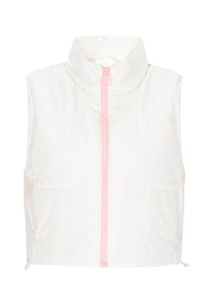 Gilet imbottito bianco senza maniche con colletto alto e zip rosa. Presenta una texture trapuntata e regolazioni laterali con cordino.