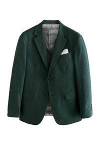 Blazer din lână de culoare verde închis, cu guler tăiat, două buzunare frontale, închidere cu nasturi, interior captușit și o batistă albă în buzunar.