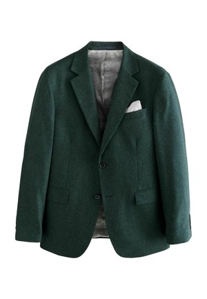 Dunkelgrüner Wollblazer mit Reverskragen, zwei Fronttaschen, Knopfverschluss, gefüttertem Innenbereich und einem weißen Taschentuch.