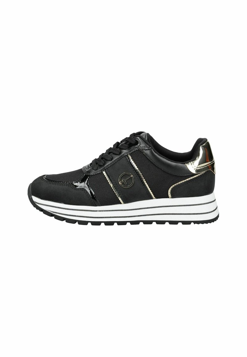 Sneakers atletici neri con parte superiore in suede e materiali sintetici, dettagli dorati, colletto imbottito e suola piatta a strisce bianche.