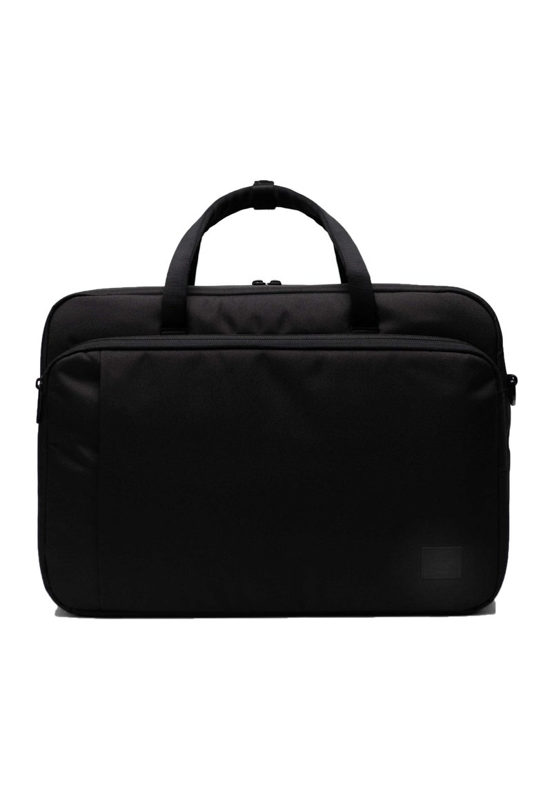 Černá taška na laptop vyrobená z odolné tkaniny, vybavená dvěma pevným uchy, zipovým uzávěrem a hladkým, matným povrchem bez viditelných vzorů.