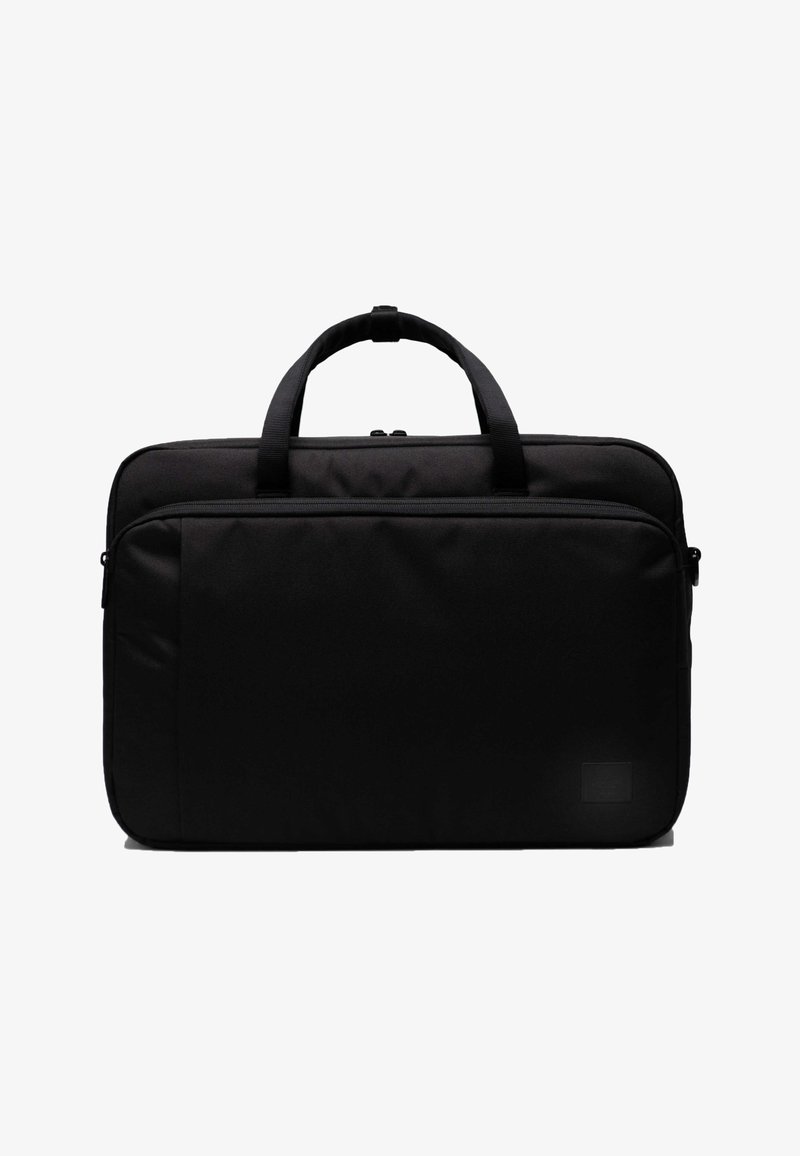 Čierna taška na notebook vyrobená z odolnej tkaniny, s dvoma pevným ušami, zipsovým uzatvorením a hladkou, matnou textúrou bez viditeľných vzorov.
