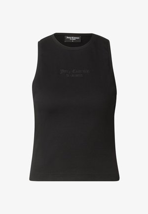 Black sleeveless top made from ribbed fabric. Features a crew neckline and embossed logo on the front, designed for a fitted style.