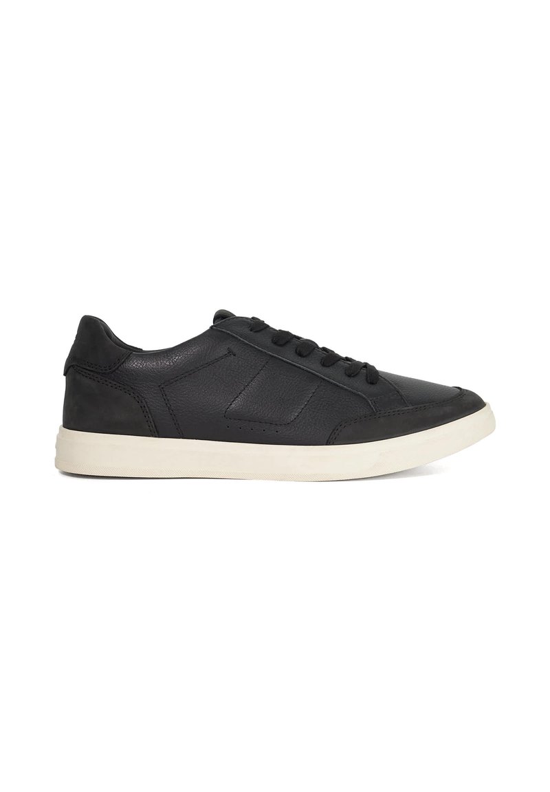 Black leather sneaker with a smooth finish, round toe, contrasting white rubber sole, and six eyelets for laces. Subtle stitching details.