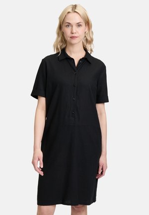 Schwarzes Kurzarmkleid mit Knopfleiste, Kragen und lässigem Schnitt, mit glatter Textur und knielangem Saum.