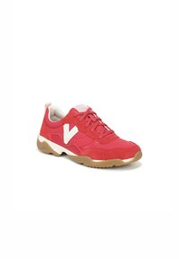 Red athletic shoes with a suede and synthetic upper, white logo accent, round toe, and beige rubber sole, featuring padded collar and laces.