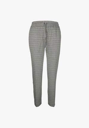 Black and white checked trousers with a drawstring waist, slim fit design, and soft fabric texture. Suitable for casual wear.
