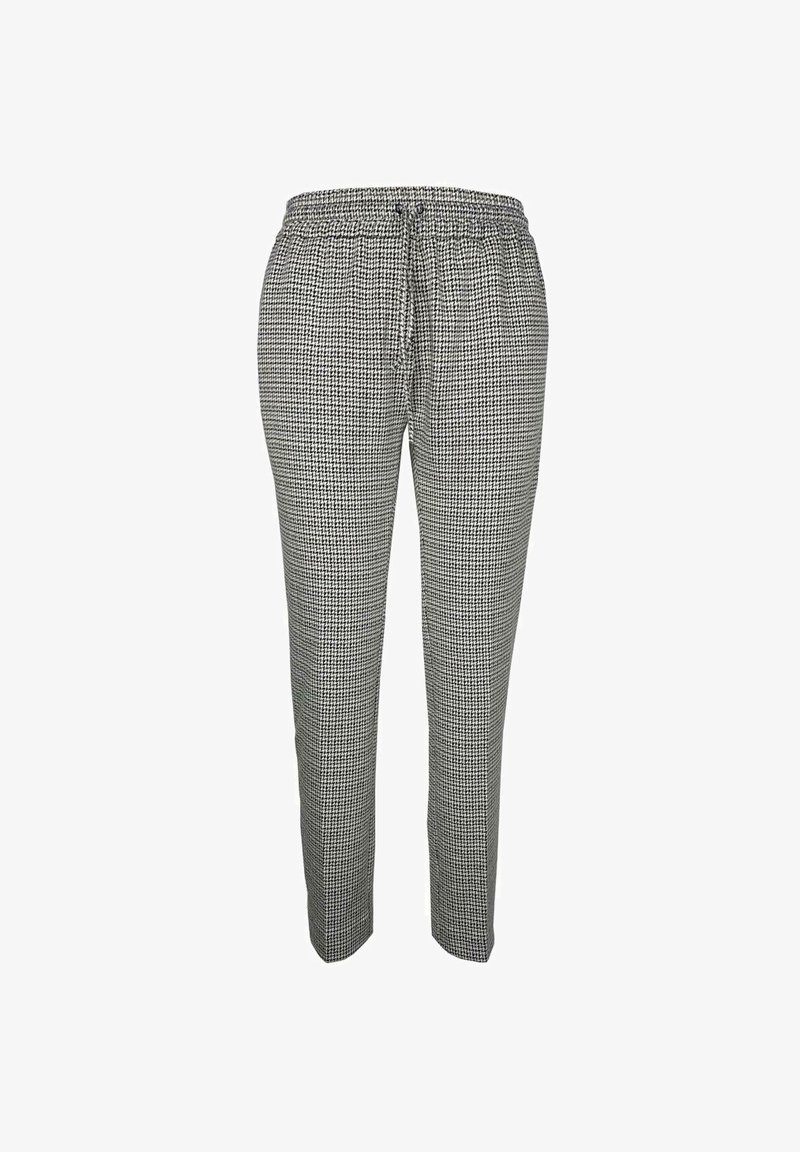 Pantalon à carreaux noir et blanc avec taille à cordon, coupe slim, et texture de tissu doux. Convient pour un usage décontracté.