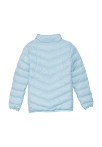 Helle blaue Steppjacke mit einem weichen, glänzenden Finish. Sie verfügt über ein Zickzack-Steppmuster, lange Ärmel und einen hohen Kragen für zusätzlichen Wärme.