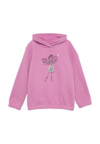 Roze pullover hoodie met een fitted zoom en lange mouwen. Kenmerkt een bedrukte afbeelding van een fee met vlindervleugels en sprankelende accenten.