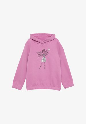 Pull-over rose avec une coupe ajustée et des manches longues. Présente un design imprimé d'une fée avec des ailes de papillon et des accents étincelants.