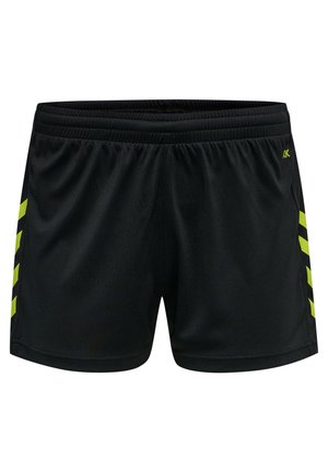 Schwarze Sportshorts aus leichtem Material, mit strukturiertem Oberflächen, elastischem Bund und neon-grünen diagonalen Streifen an den Seiten.