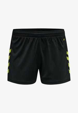 Zwarte sportieve shorts van lichtgewicht stof, met een gestructureerd oppervlak, elastische tailleband en neon groene diagonale strepen aan de zijkanten.