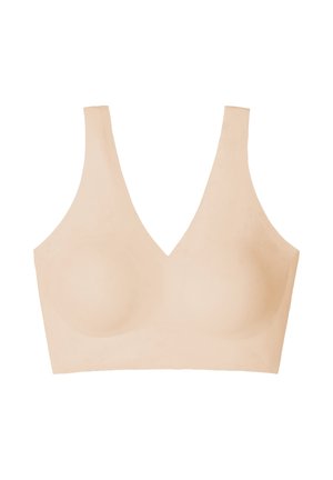 Vaaleanbeige langaton rintaliivi V-pääntiellä, pehmeällä tekstuurilla ja muotoilluilla kupeilla. Leveät, sileät olkaimet mukavuutta ja tukea varten.