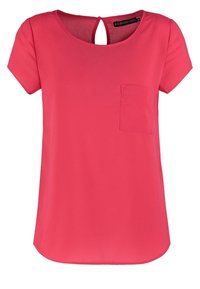 Růžové tričko s krátkými rukávy, kulatým výstřihem, dírkovým detailem na zádech a přední kapsou. Vyrobeno z hladké látky s jemným leskem.