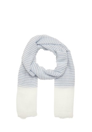 Blue and white striped scarf made of lightweight fabric, featuring thin horizontal stripes and a solid white bottom section with frayed edges.