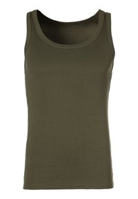 Olive green tank top made of cotton, featuring a round neckline, sleeveless design, and a smooth texture with no visible patterns.