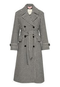 Black and white houndstooth trench coat with double breasted design, cinched waist, pockets, and large lapels.