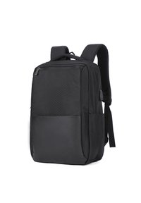 Zaino nero con un'esterno in tessuto texture e un pannello inferiore liscio. Presenta spallacci imbottiti e una chiusura superiore con zip.