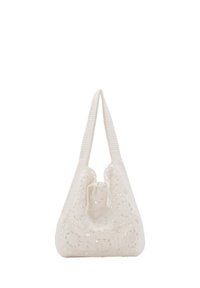 Borsa all'uncinetto color avorio, con un design testurizzato e ritagli circolari, doppi manici e una struttura morbida e floscia.