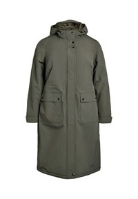 Dolga olivno-zelena zimska parka s kapuco, spredaj z dvosmernim gumbom in zadrgo ter dvema velikima žepoma s pok flap in gumbnimi zapiralnimi sistemi.