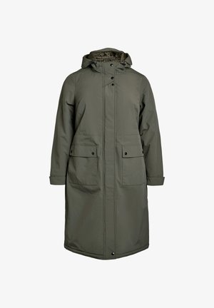 Garšs olīvzaļš ziemas parka ar kapuci, ar pilnu pogu un rāvējslēdzēja priekšpusi, un divām lielām kabatām ar pogu aizdari.