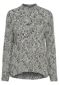 Blůza s dlouhým rukávem vyrobená z lehké látky s černobílým zebřím vzorem, vysokým výstřihem a mírně zakřiveným lemem.