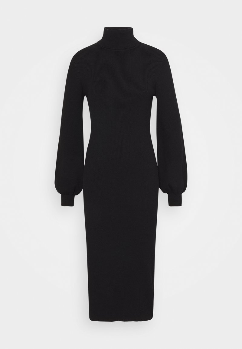 Robe midi en maille côtelée noire à manches longues avec col roulé et manches ballon resserrées aux poignets ajustés.