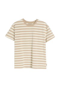 Beżowa i kremowa koszulka w paski, krótki rękaw, okrągły dekolt, miękki materiał bawełniany, równe poziome paski, metka po lewej stronie szwu.