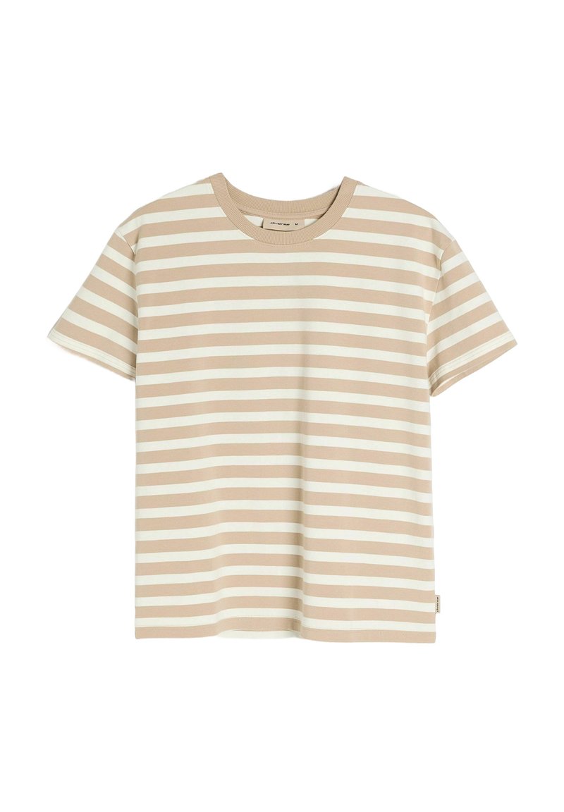 Beżowa i kremowa koszulka w paski, krótki rękaw, okrągły dekolt, miękki materiał bawełniany, równe poziome paski, metka po lewej stronie szwu.