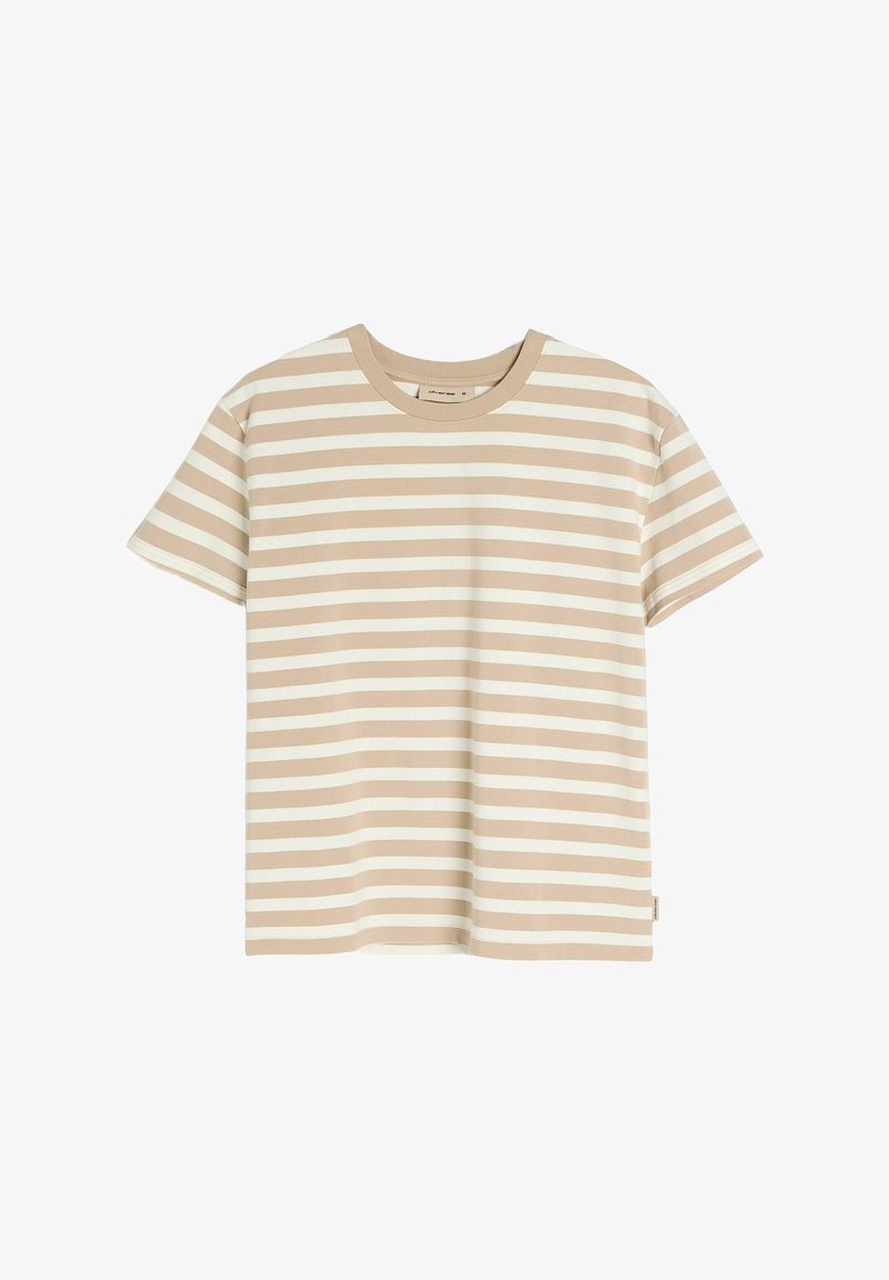Beżowa i kremowa koszulka w paski, krótki rękaw, okrągły dekolt, miękki materiał bawełniany, równe poziome paski, metka po lewej stronie szwu.