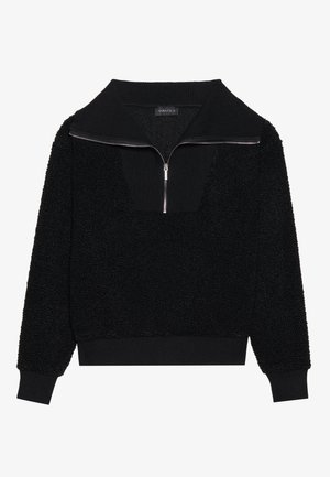 Čierny pulóver so zipsom a vysokým golierom, z textúrovaného fleecového materiálu, s rebrovanými manžetami a lemom, v jednotnej čiernej farbe.