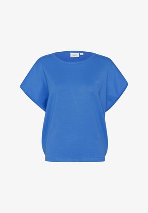 Haut bleu à manches courtes en tissu texturé, doté d'un col large et d'une coupe ample, avec un doux drapé sur les côtés. Étiquette de marque visible.