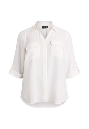 White button-up shirt made from lightweight fabric, featuring a V-neckline, two chest pockets, and roll-up sleeves. Smooth texture.