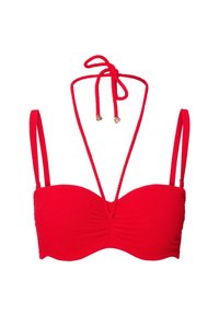 Červený bikiny vrch vyrobený z textúrovanej látky, s tvarom bandeau, nastaviteľnými šnúrkami okolo krku a úzkymi ramennými pásikmi.