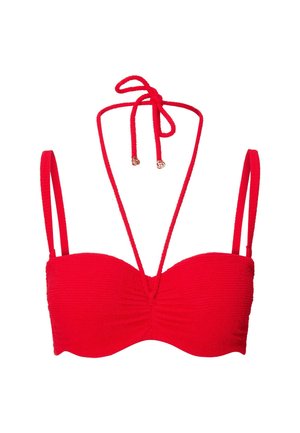 Crvena bikini gornja haljina izrađena od teksturiranog materijala, sa bandeau oblikom, podesivim vezicama za halter vrat i tankim naramenicama.