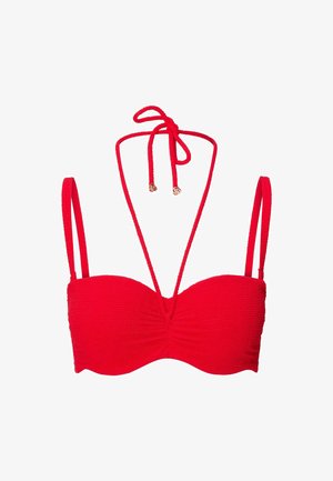 Crvena bikini gornja haljina izrađena od teksturiranog materijala, sa bandeau oblikom, podesivim vezicama za halter vrat i tankim naramenicama.