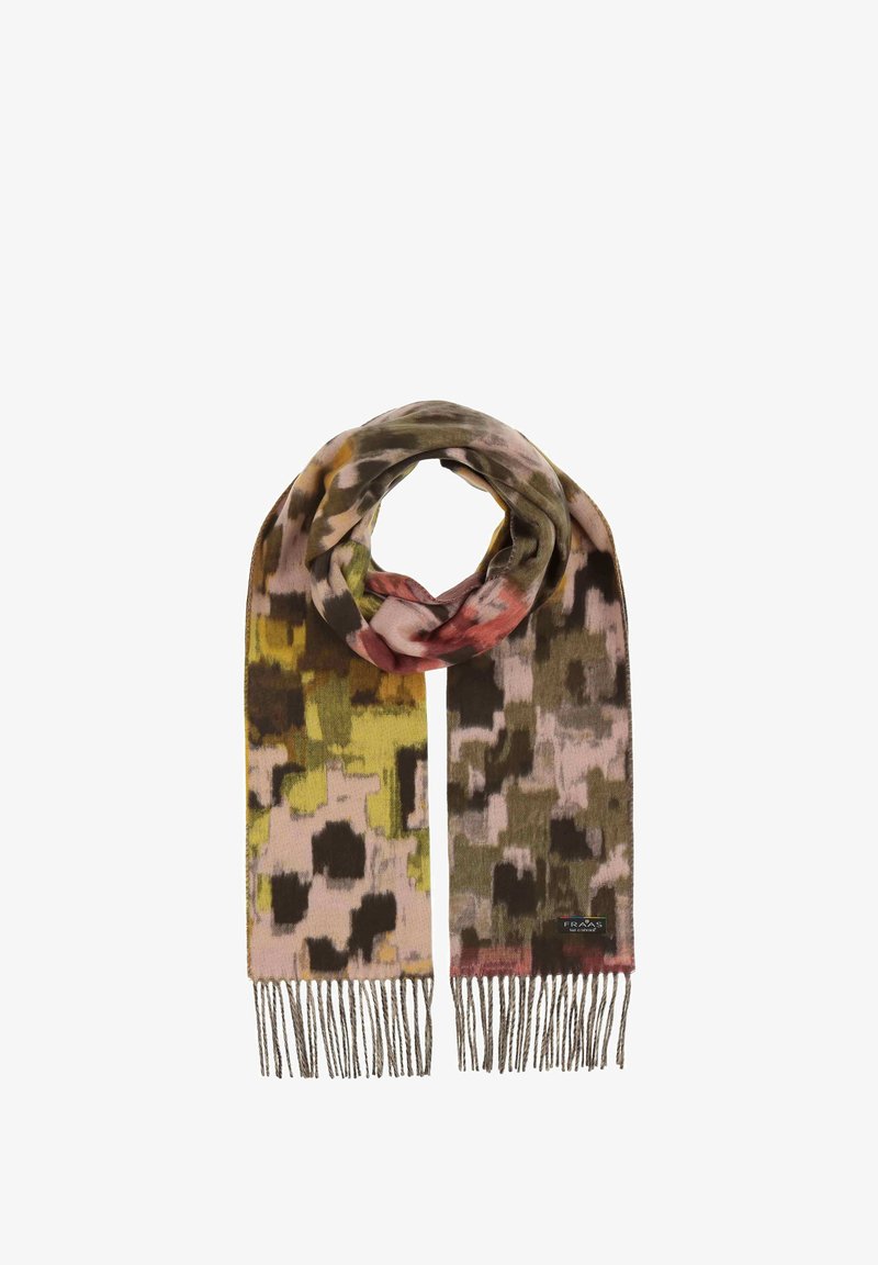 Écharpe tricotée présentant un motif multicolore dans des teintes de rose, vert et marron, avec des franges aux extrémités.