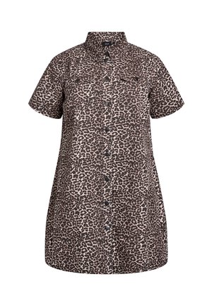 Kurzärmeliges Hemdkleid mit braunem und schwarzem Leopardenmuster, Brusttaschen und Kragen.