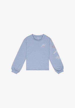 Chemise à manches longues bleu clair avec une coupe décontractée, ornée de motifs floraux sur la poitrine et les manches, fabriquée en coton doux.