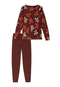 Langarm maroon pyjama-set met een bloempatroon top in rood en roze, gecombineerd met effen maroon broeken met geborduurde enkels.