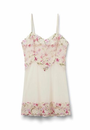 Cremefarbener Unterkleid mit rosa Blumen-Spitzenbesatz an Brust und Saum, ausgestattet mit dünnen Schulterriemen und wellenförmigen Kanten.