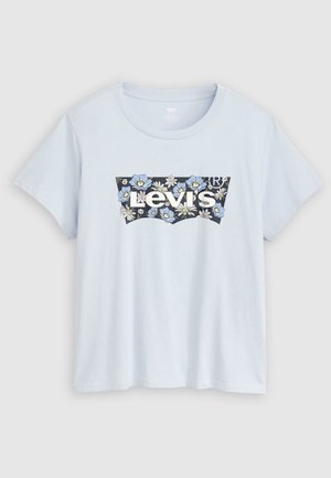 Hellblaues kurzärmeliges T-Shirt aus Baumwolle mit einem schwarzen und floralen Levi's-Logo auf der Vorderseite mit weißer Schrift.
