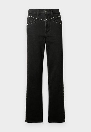 Jeans in denim nero con gamba dritta, caratterizzati da borchie silver lungo la vita e i lati. Il tessuto ha una texture liscia con un fit classico.