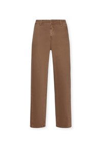 Pantalones anchos de color marrón en una suave mezcla de algodón. Cuentan con cierre de botones, presillas para cinturón y sin patrones o acentos prominentes.
