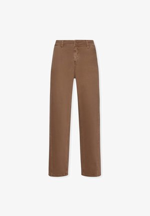 Braune, weite Hosen aus einem glatten Baumwollgemisch. Mit einem Knopfverschluss, Gürtelschlaufen und ohne auffällige Muster oder Akzente.